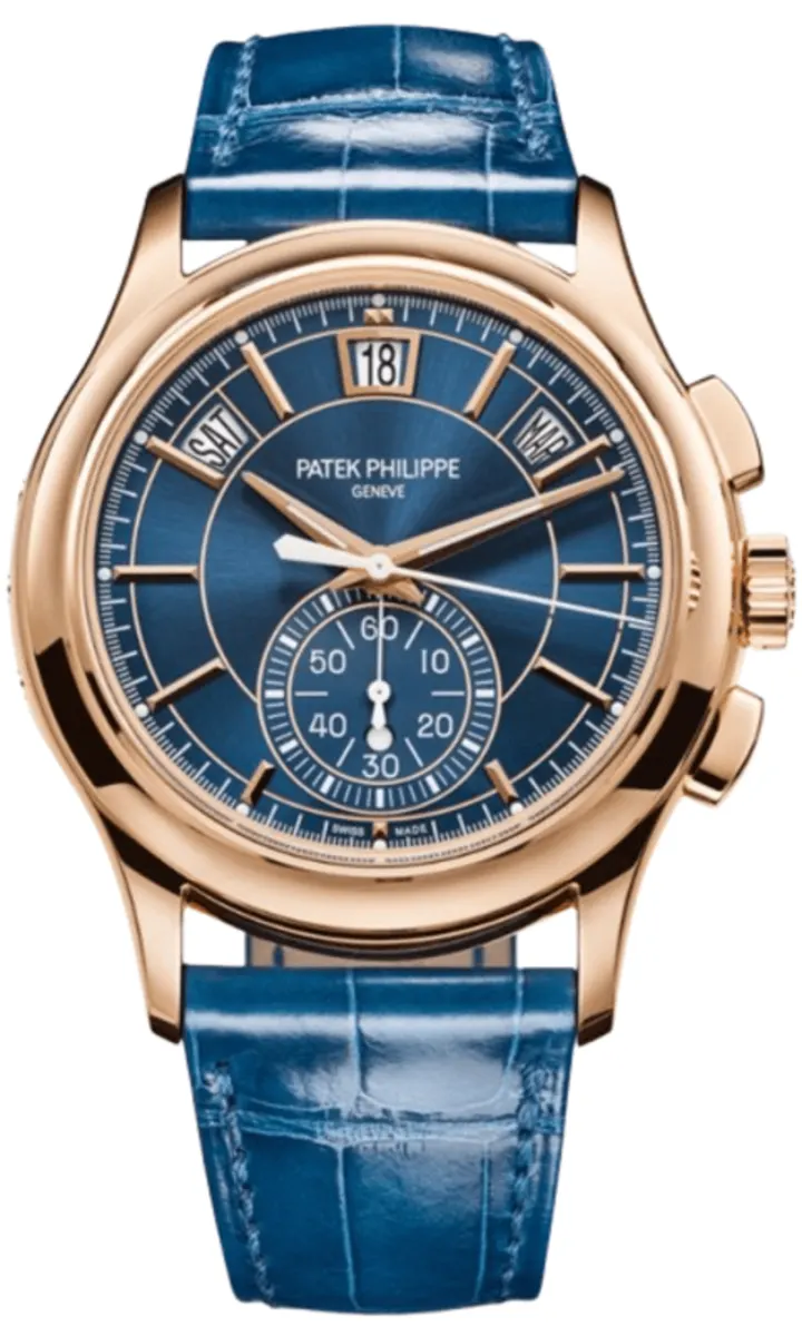 Complications Annual Calendar Automatic Chronograph Blue Dial 18K Rose Gold Leather Strap Men's Watch 5905R-010