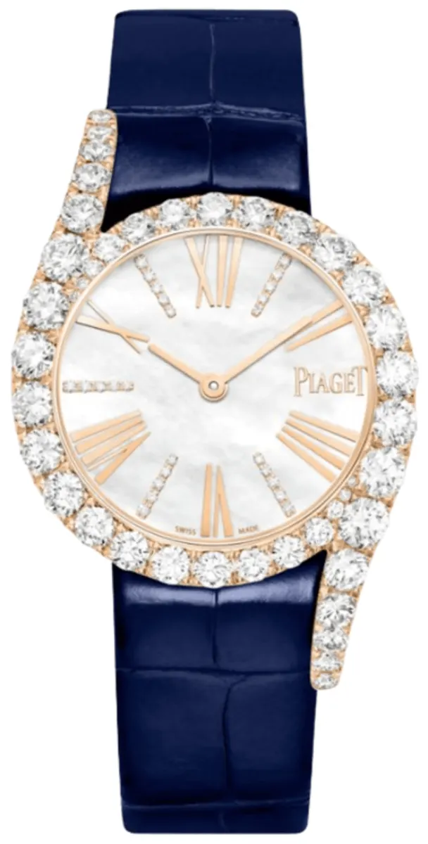 Limelight Gala Precious Quartz Mother of Pearl Dial 18K Rose Gold Diamond Bezel Blue Leather Strap Women's Watch G0A47181