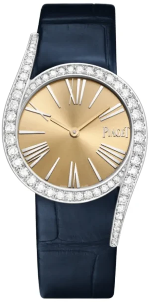 Limelight Gala Automatic Champagne Dial Diamond Bezel 18K White Gold Blue Leather Strap Women's Watch G0A49360