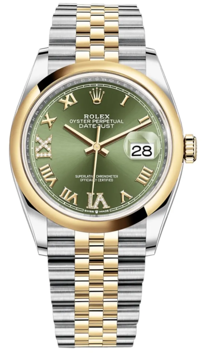 Datejust 36 Steel & Yellow Gold Olive Green Pave Roman Dial Men's Watch M126203-0025