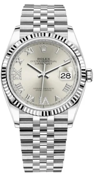 Datejust 36 Steel & White Gold Silver Diamond Pave Roman Dial Women's Watch M126234-0029