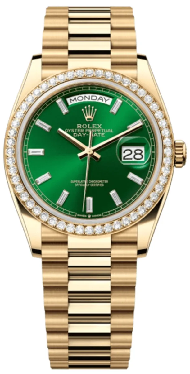 Day-Date Yellow Gold Automatic Green Dial Diamond Bezel Women's Watch M128348RBR-0078