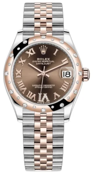 Datejust 31 Stainless Steel and Rose Gold Chocolate Pave Roman Dial Domed Diamond Bezel Women's Watch M278341RBR-0004