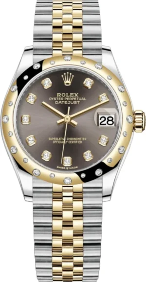 Datejust 31 Stainless Steel and Yellow Gold Dark Grey Diamond Dial Domed Diamond Bezel Women's Watch M278343RBR-0022