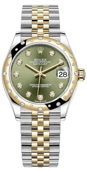 Datejust 31 Stainless Steel and Yellow Gold Olive Green Diamond Dial Domed Diamond Bezel Women's Watch M278343RBR-0030