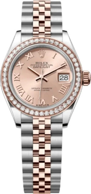 Lady-Datejust 28 Steel and Everose Gold Pink Dial Diamond Bezel Jubilee Bracelet Women's Watch M279381RBR-0025